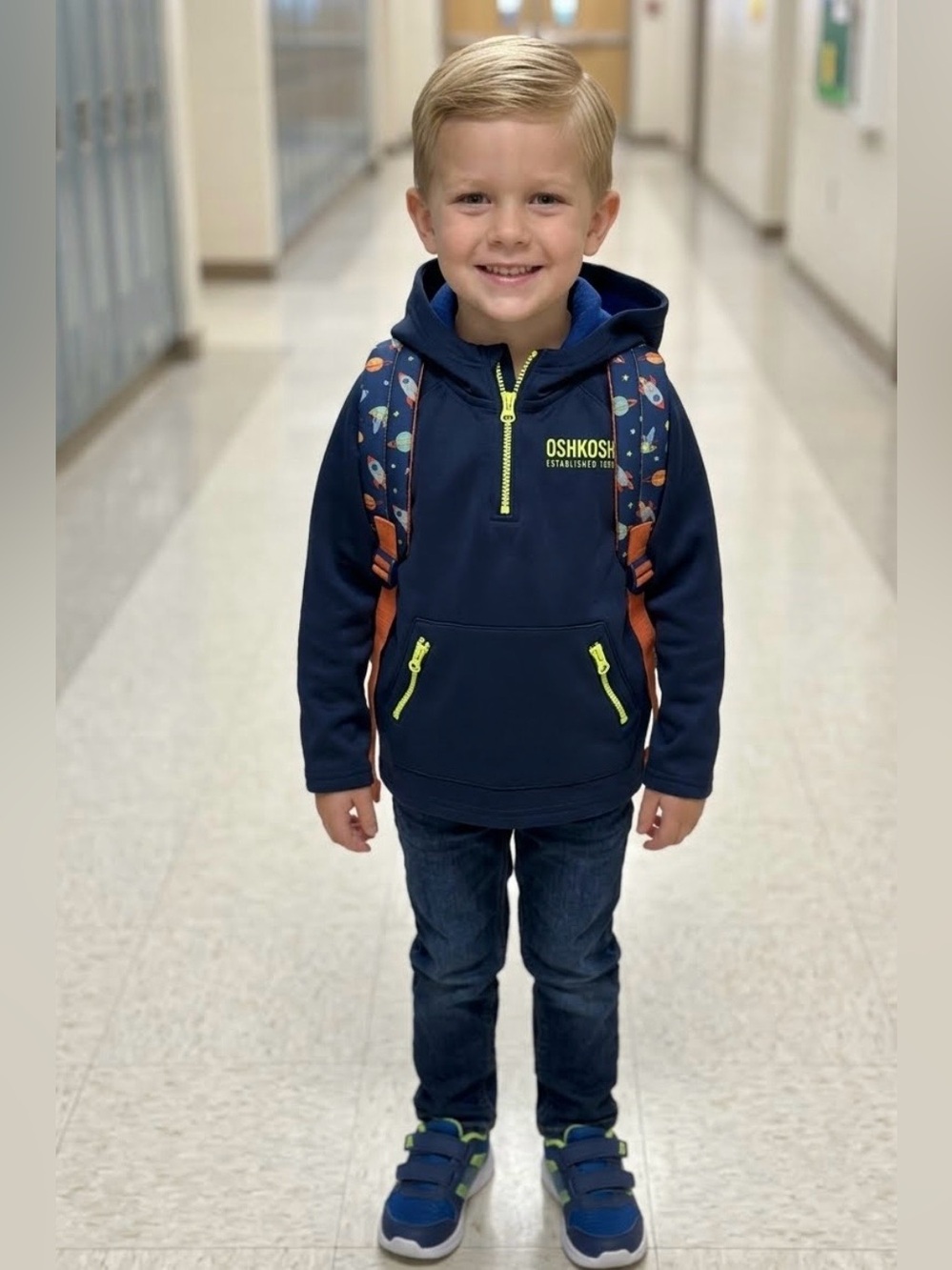 OshKosh B'gosh Navy Hooded Pullover with Yellow Zipper Accents